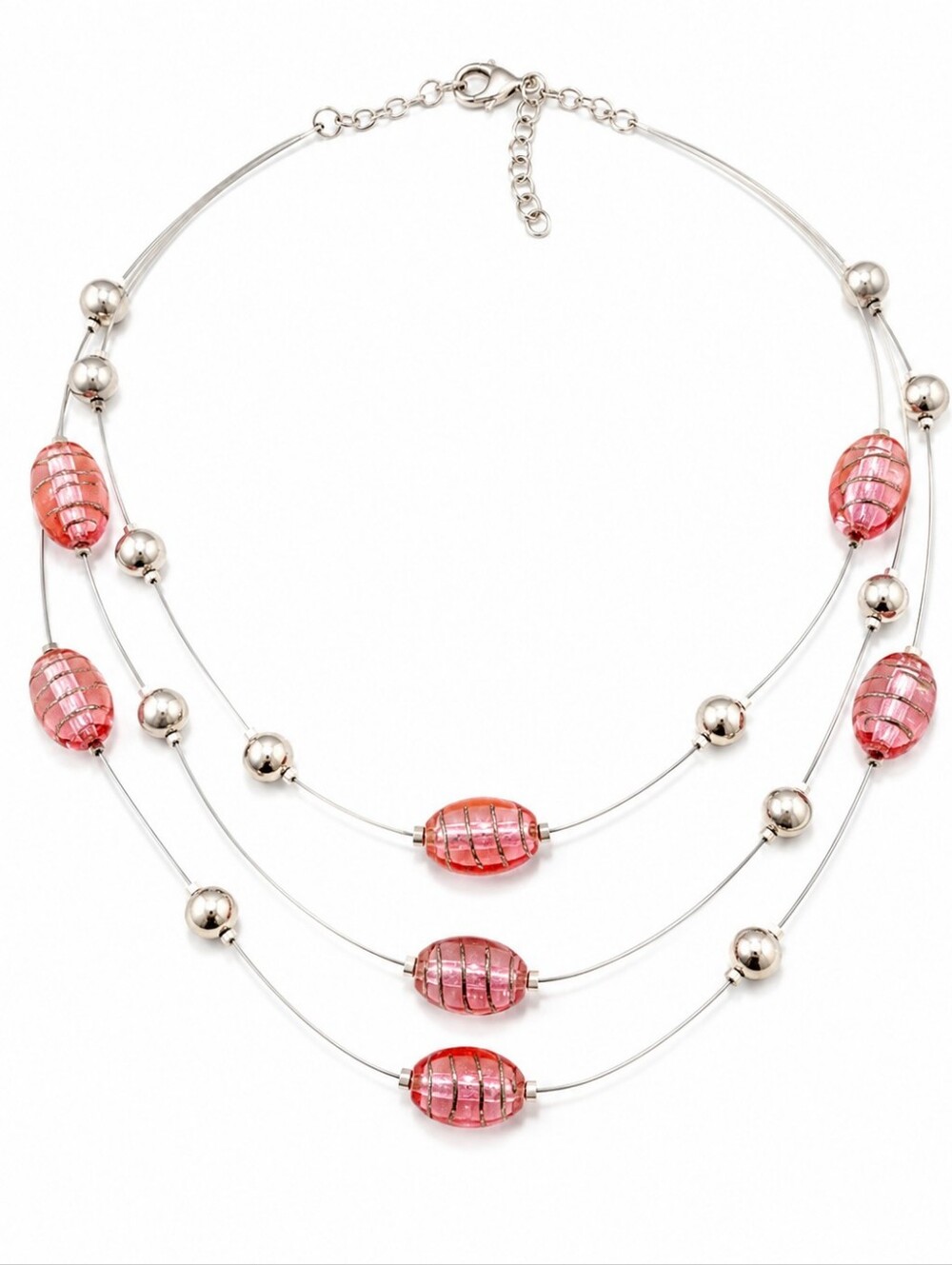 Multi-Strand Pink Glass Beaded Necklace Silver Tone Wire Illusion Statement